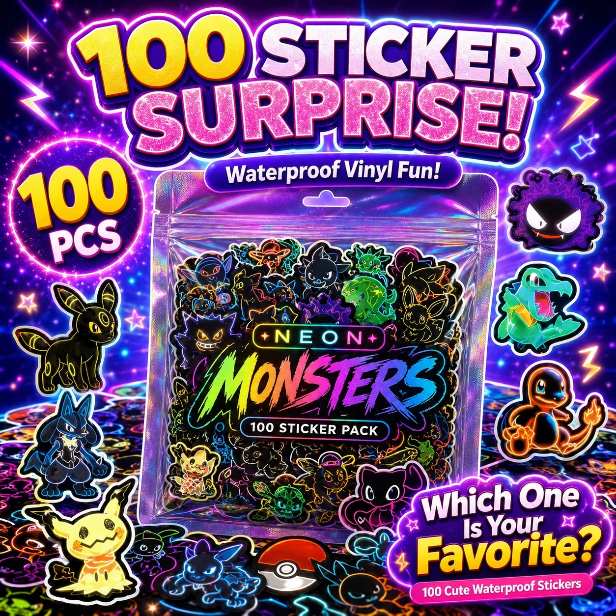 100pcs Neon  Pokémon  Stickers - Scrapbooking 评论和价格
